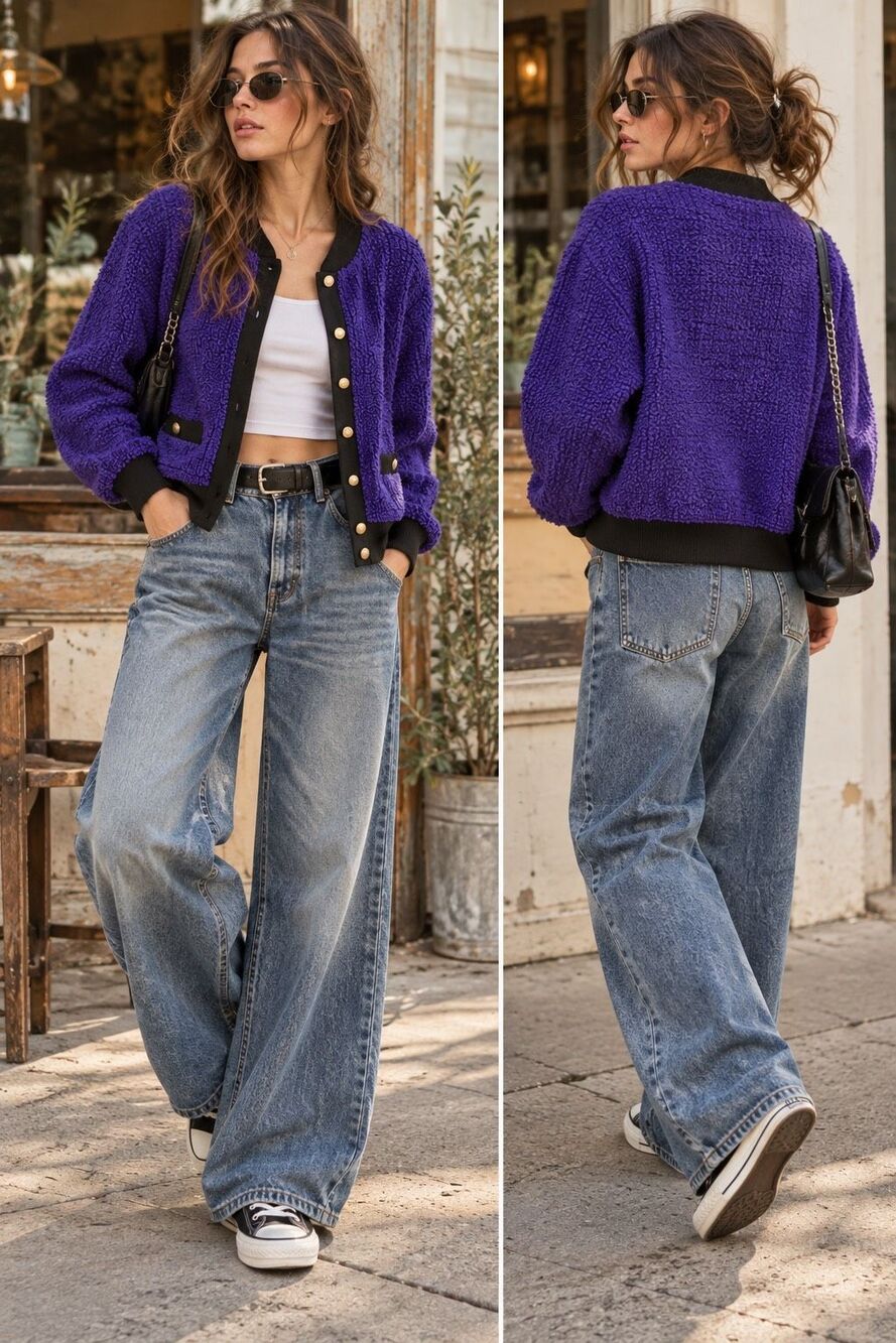 Vintage Purple Bouclé Sweater Jacket M Gold Buttons Mob Wife Italian Glam